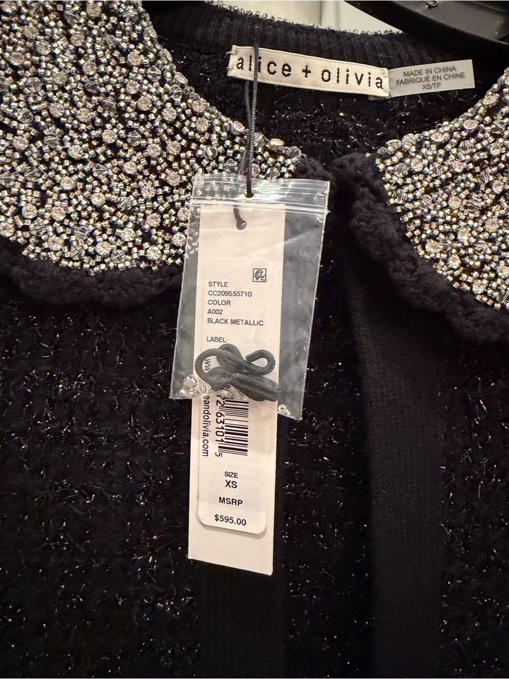 Alice + Olivia New Sparkle Black Cropped Cardigan with Silver Collar. Size XS - Picture 2 of 5